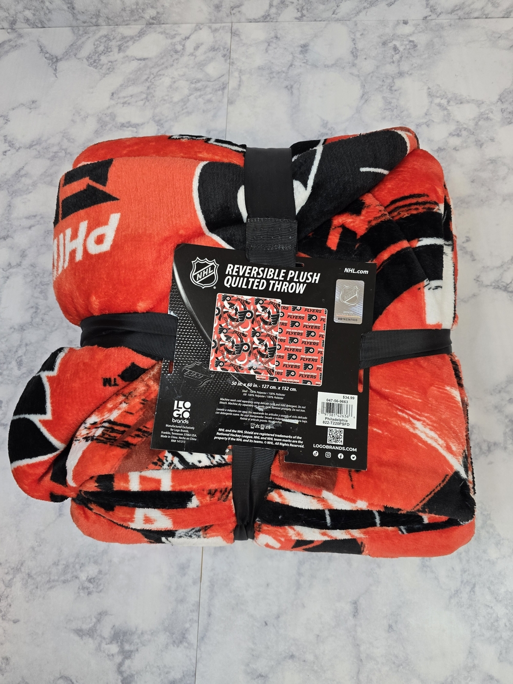NHL Philadelphia Flyers Reversible Plush Quilted Throw 50"x60" Orange And Black